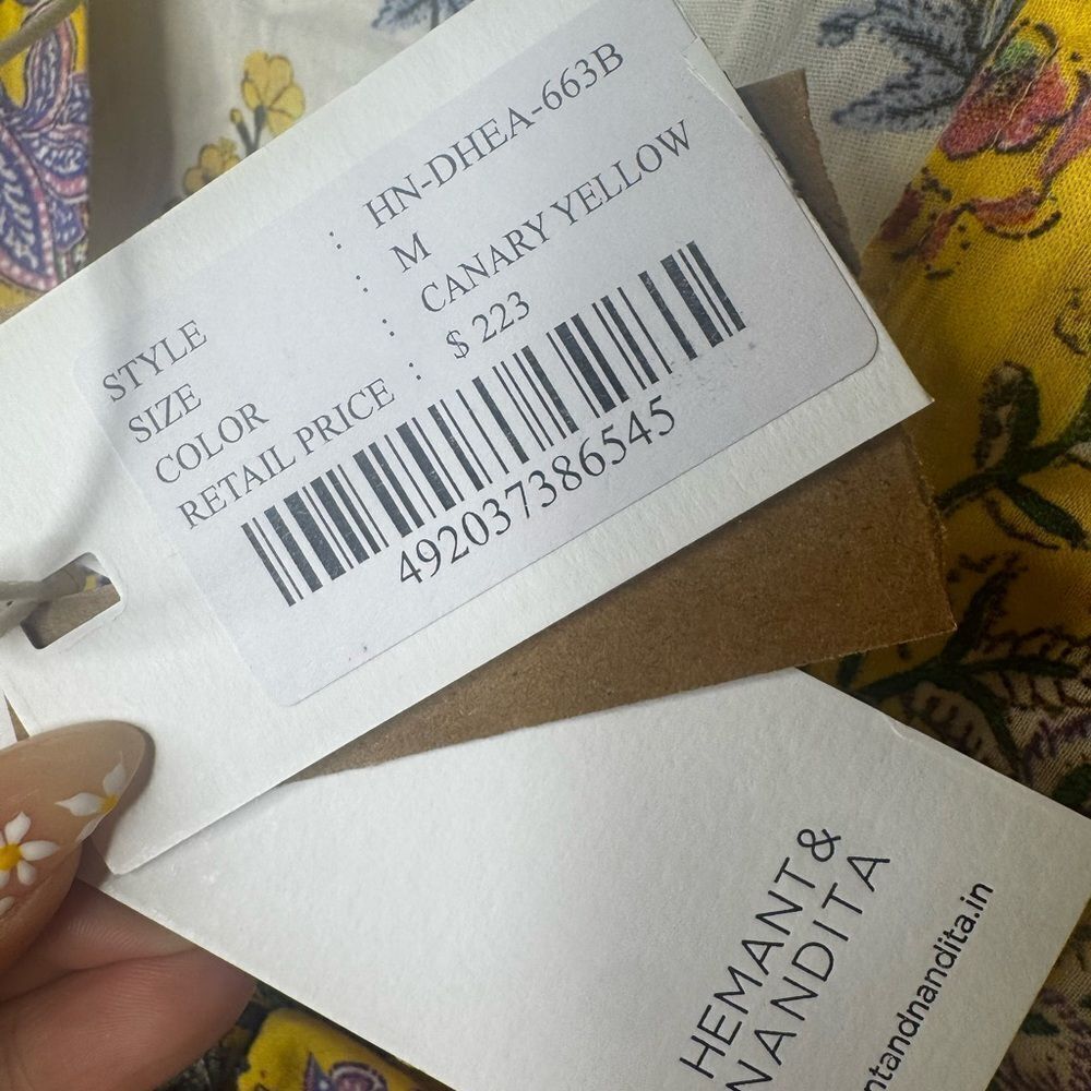 NWT HEMANT and NANDITA Dhea Crop Top Tie-Front Canary Yellow Boho Floral Medium - Picture 11 of 12